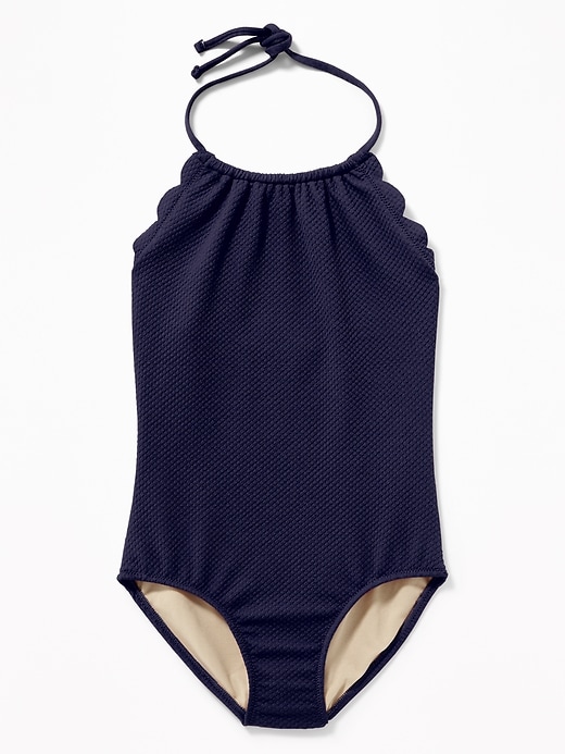View large product image 1 of 1. Textured Scalloped-Edge Halter Swimsuit for Girls