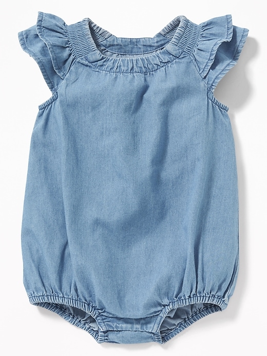 View large product image 1 of 2. Chambray Ruffle-Sleeve Bubble Bodysuit for Baby