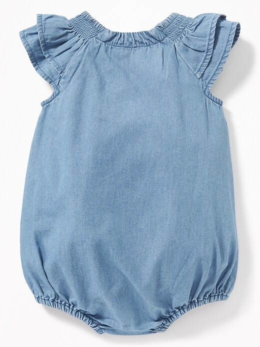 View large product image 2 of 2. Chambray Ruffle-Sleeve Bubble Bodysuit for Baby