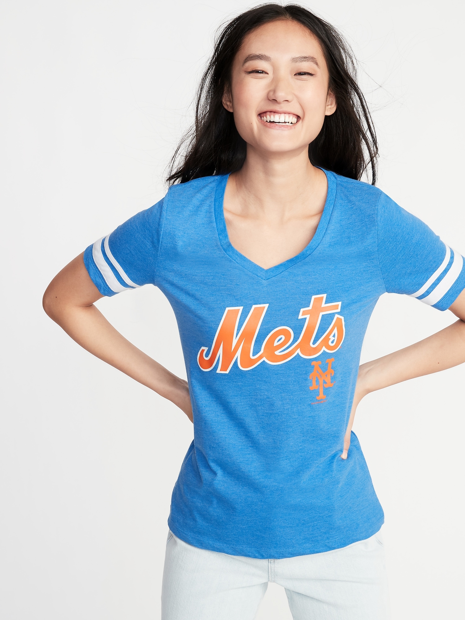 MLB® Team-Graphic Sleeve-Stripe V-Neck Tee for Women