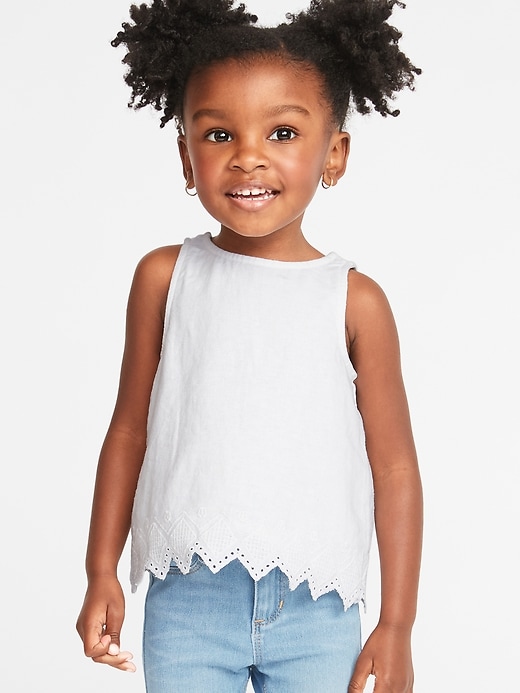 View large product image 1 of 1. Linen-Blend Embroidered Zig-Zag Hem Top for Toddler Girls