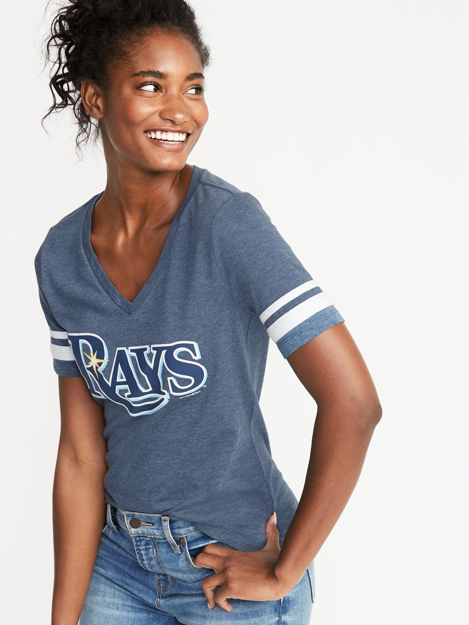 MLB® Team-Graphic Sleeve-Stripe V-Neck Tee for Women