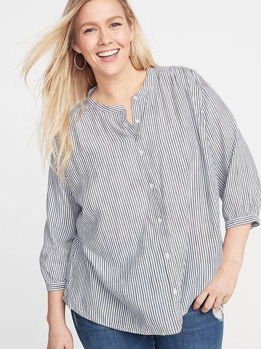 View large product image 1 of 1. Striped Banded-Collar No-Peek Plus-Size Shirt
