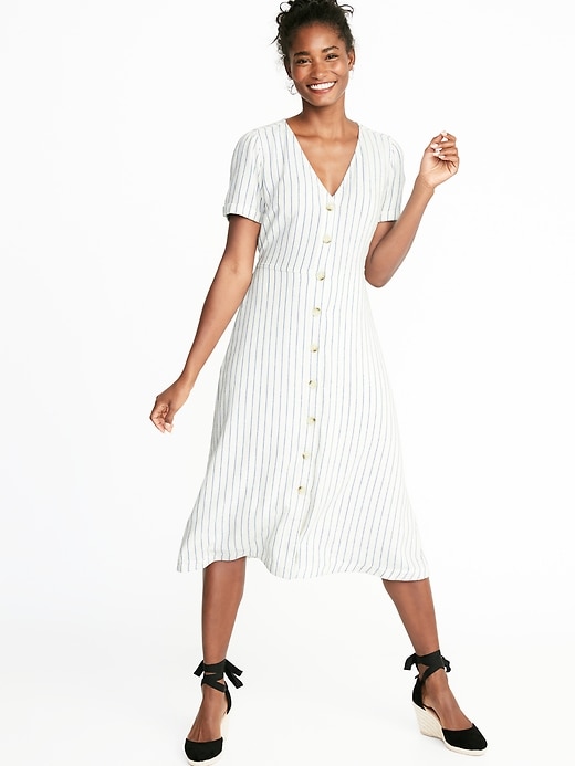 Image number 1 showing, Striped Waist-Defined Button-Front V-Neck Midi for Women