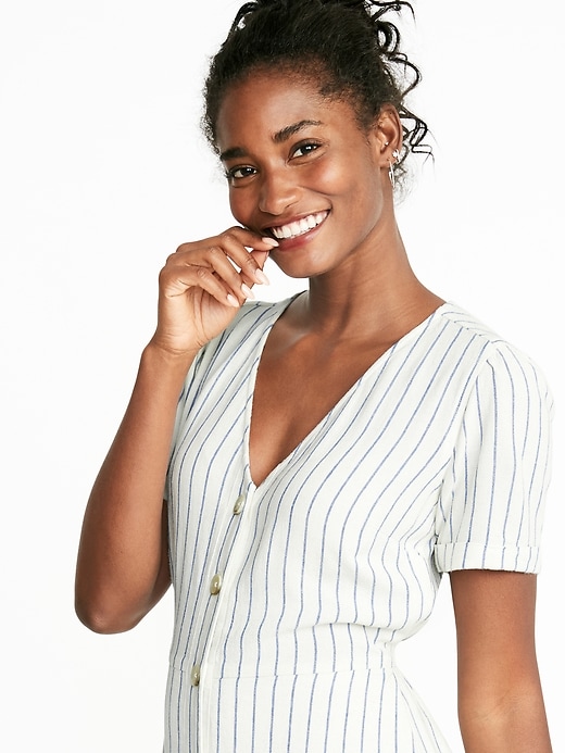 Image number 3 showing, Striped Waist-Defined Button-Front V-Neck Midi for Women