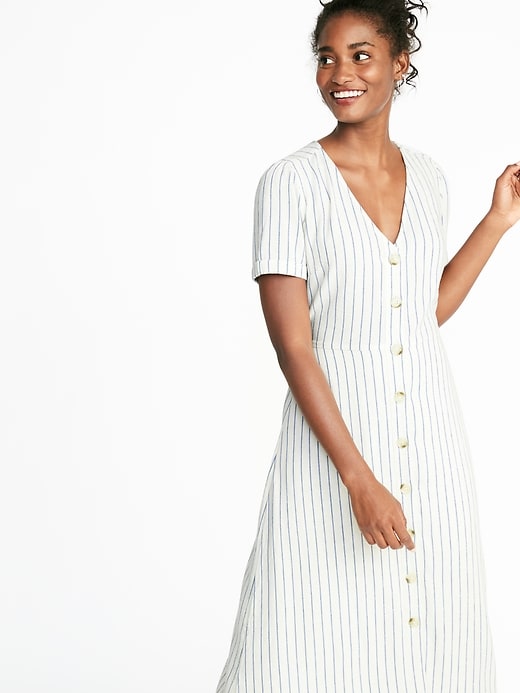 Image number 4 showing, Striped Waist-Defined Button-Front V-Neck Midi for Women