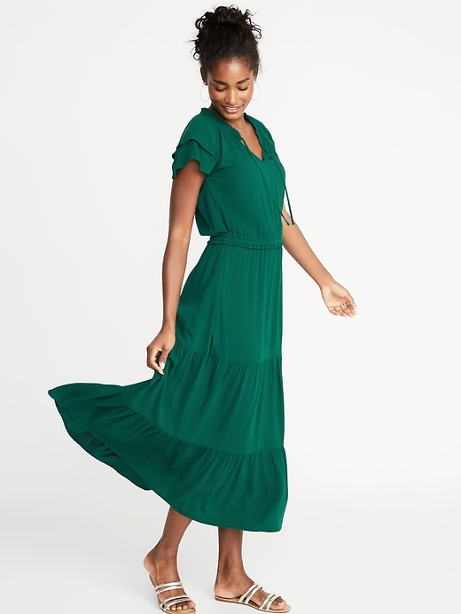 View large product image 1 of 2. Waist-Defined Ruffle-Sleeve Crepe Maxi for Women