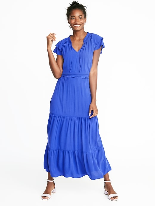 Image number 1 showing, Waist-Defined Ruffle-Sleeve Crepe Maxi for Women