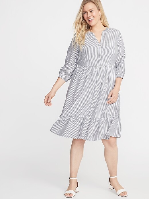 View large product image 1 of 1. Waist-Defined Plus-Size Striped No-Peek Shirt Dress
