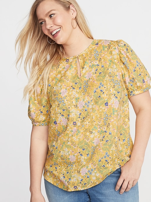 Image number 1 showing, Floral Twill Plus-Size Puff-Sleeve Blouse