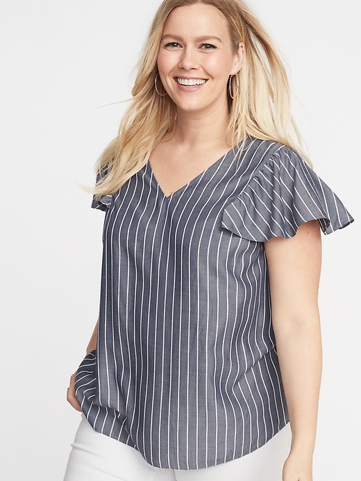 Image number 1 showing, Striped Plus-Size Flutter-Sleeve Blouse