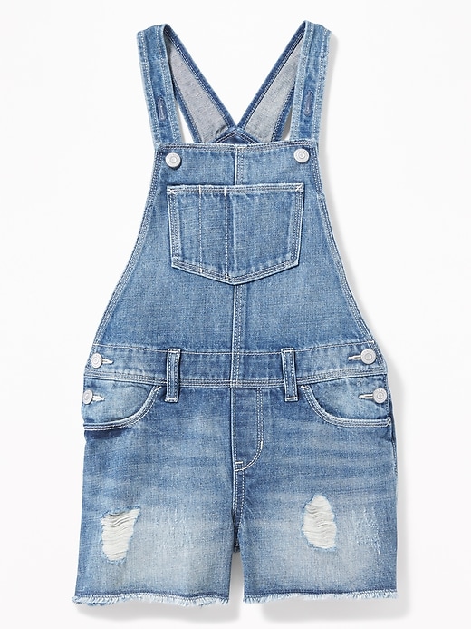 View large product image 2 of 2. Distressed Frayed-Hem Jean Shortalls For Girls