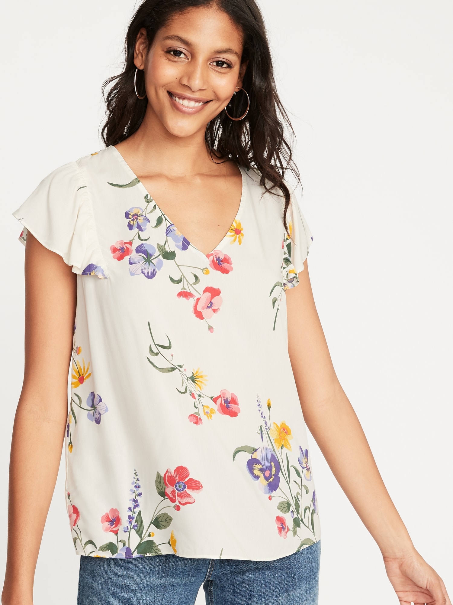 Floral-Print Flutter-Sleeve V-Neck Top for Women