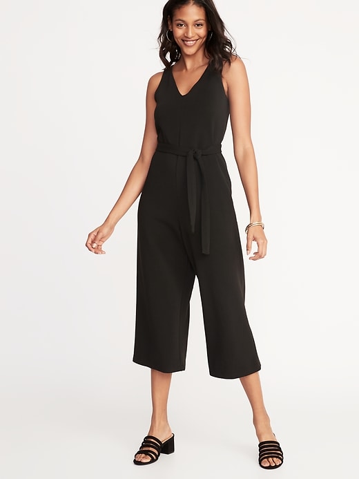 View large product image 1 of 2. Textured Ponte-Knit Tie-Belt Jumpsuit for Women