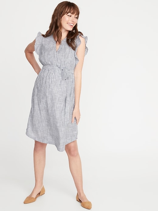 View large product image 1 of 1. Maternity Patterned Tie-Belt Shirt Dress