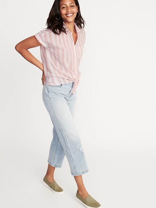 Image number 3 showing, Patterned Tie-Hem Linen-Blend Shirt for Women