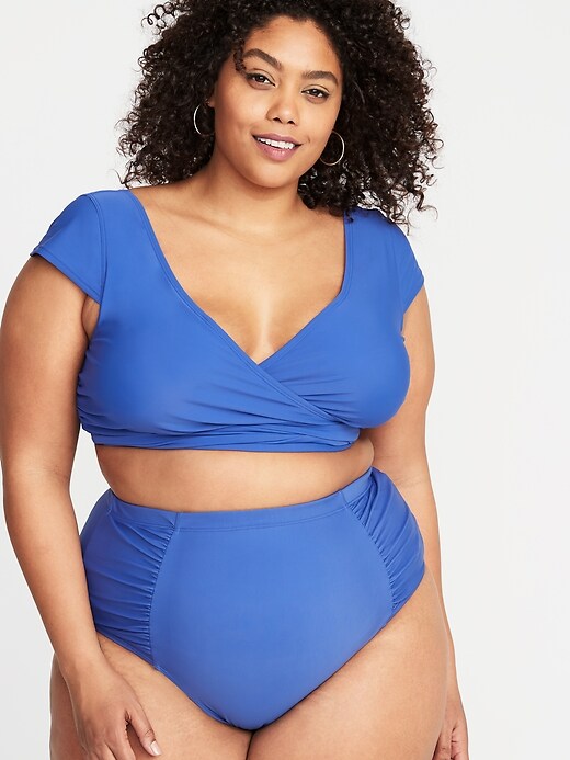 View large product image 1 of 1. Wrap-Front Cap-Sleeve Plus-Size Swim Top