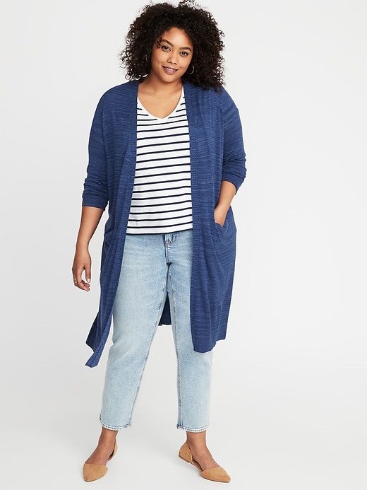 View large product image 1 of 1. Fine-Gauge Plus-Size Super-Long Open-Front Sweater