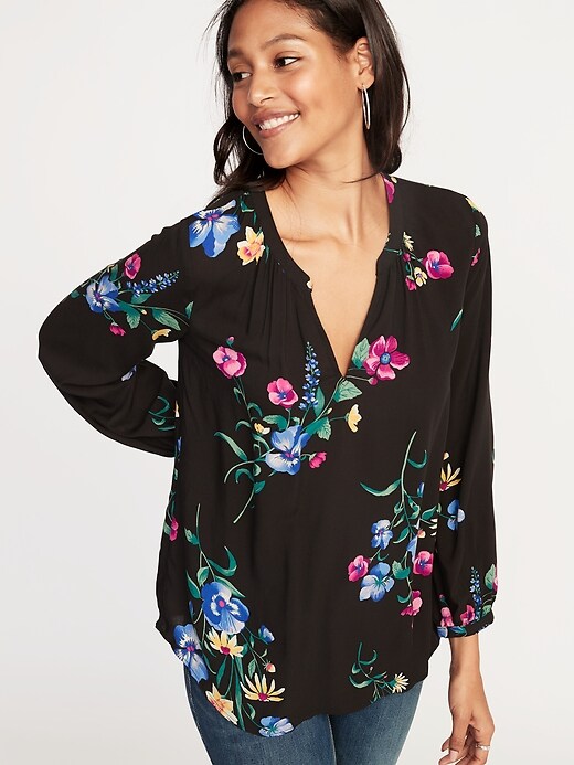 View large product image 1 of 1. Floral-Print Split-Neck Blouse for Women