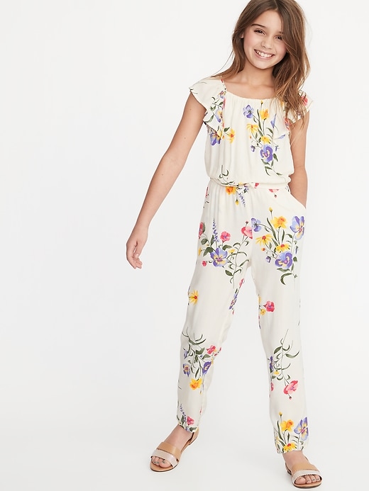 View large product image 1 of 3. Floral-Print Flutter-Sleeve Jumpsuit for Girls