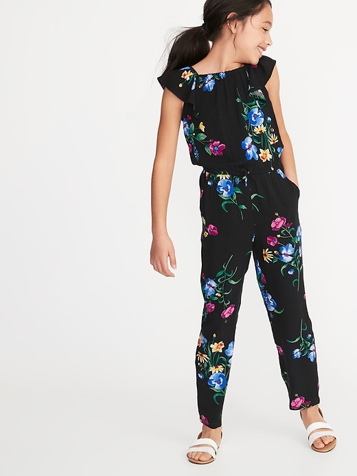View large product image 1 of 1. Floral-Print Flutter-Sleeve Jumpsuit for Girls