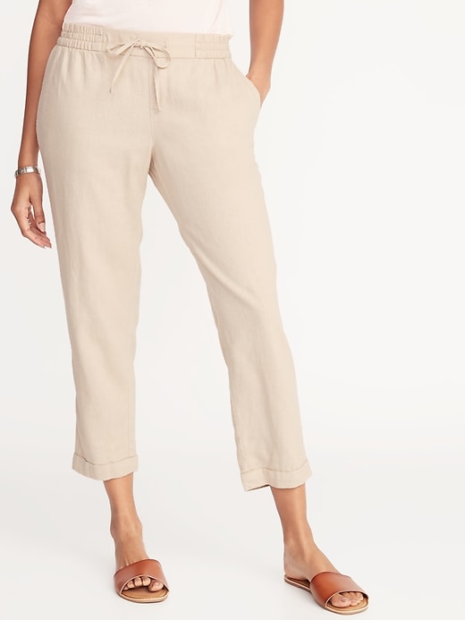 View large product image 1 of 1. Mid-Rise Linen-Blend Straight-Leg Cropped Pants for Women