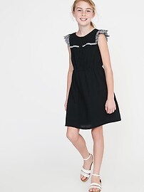 View large product image 3 of 3. Slub-Weave Waist-Defined Flutter-Sleeve Dress for Girls