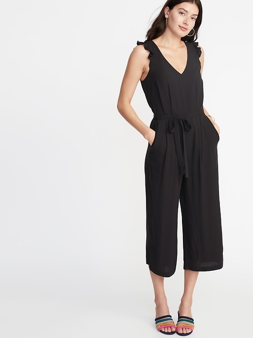 View large product image 1 of 1. Tie-Belt Flutter-Sleeve Jumpsuit for Women