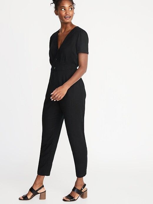 View large product image 1 of 1. V-Neck Button-Front Jumpsuit for Women