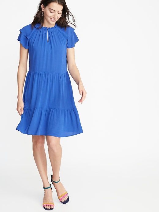 Image number 1 showing, High-Neck Ruffle-Trim Swing Dress for Women