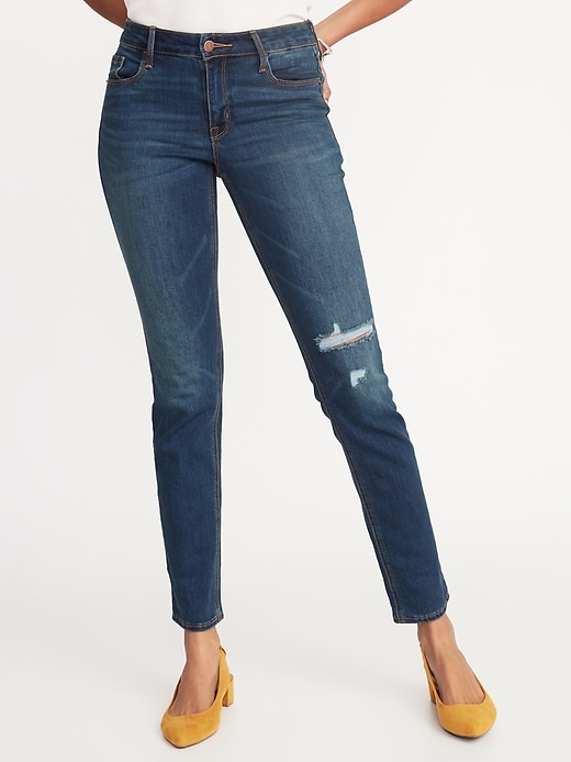 View large product image 1 of 2. Mid-Rise Distressed Straight Jeans for Women
