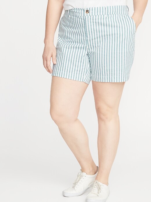 View large product image 1 of 1. Mid-Rise Striped Everyday Plus-Size Shorts - 7-Inch Inseam