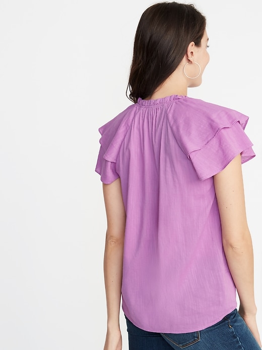 Image number 2 showing, Slub-Weave Tiered Flutter-Sleeve Blouse for Women