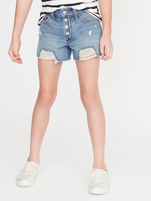 View large product image 1 of 3. High-Waisted Distressed Button-Fly Cut-Off Jean Shorts for Girls