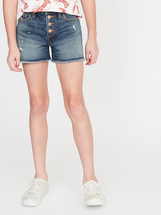 View large product image 1 of 3. High-Waisted Button-Fly Distressed Jean Cut-Offs For Girls