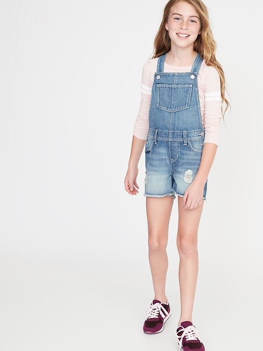 View large product image 1 of 2. Distressed Frayed-Hem Jean Shortalls For Girls