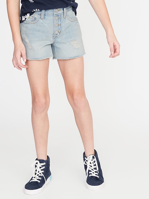 View large product image 1 of 3. High-Waisted Button-Fly Distressed Jean Cut-Off Shorts For Girls