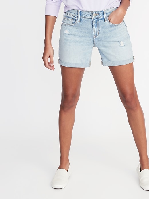 View large product image 1 of 3. Slim Distressed Denim Shorts for Women - 5-inch inseam