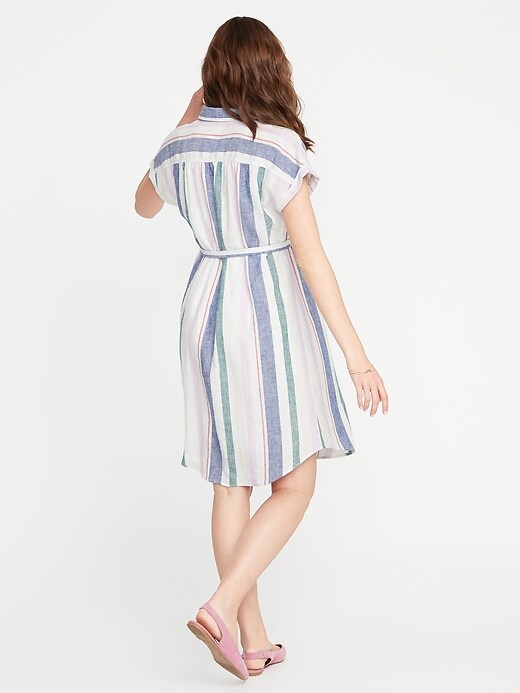 Image number 2 showing, Maternity Striped Linen-Blend Tie-Belt Shirt Dress