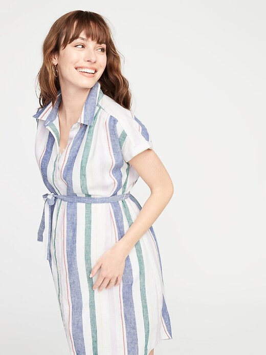 Image number 3 showing, Maternity Striped Linen-Blend Tie-Belt Shirt Dress