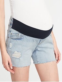 View large product image 3 of 3. Maternity Front-Low Panel Distressed Denim Cut-Offs - 5-inch inseam