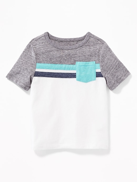 View large product image 1 of 2. Color-Blocked Pieced-Stripe Pocket Tee for Toddler Boys