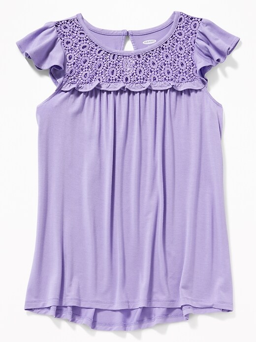 View large product image 1 of 1. Crochet-Lace Yoke Flutter-Sleeve Tunic for Girls