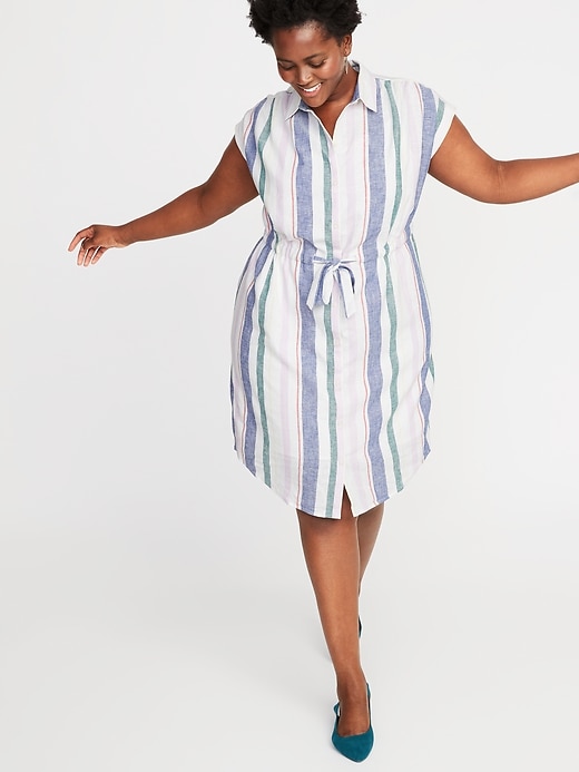 black and white linen maxi dress MO&Co. Noir Striped Linen Maxi Tank Dress - Distressed Collar