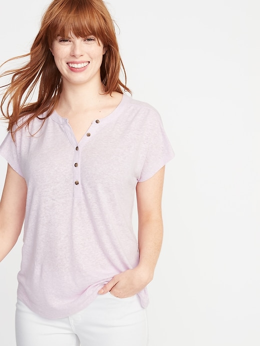 View large product image 1 of 1. Linen-Blend Dolman-Sleeve Henley for Women
