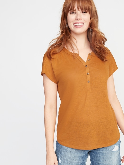 View large product image 1 of 1. Linen-Blend Dolman-Sleeve Henley for Women