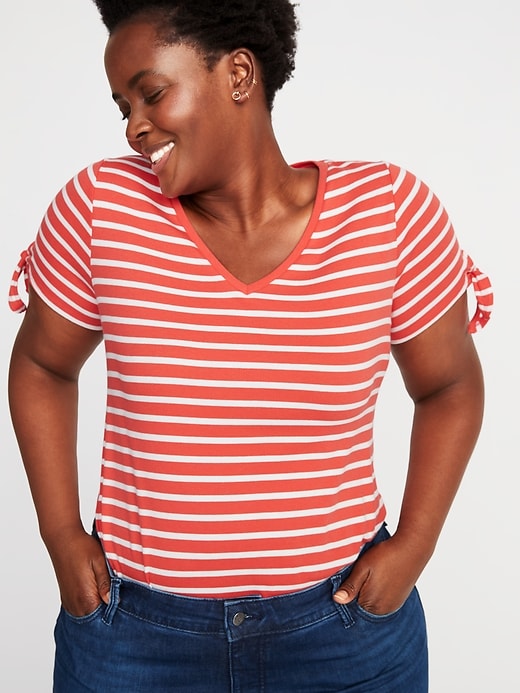 Image number 1 showing, Rib-Knit V-Neck Tie-Sleeve Plus-Size Top