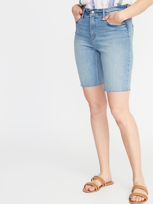 View large product image 1 of 3. High-Waisted Distressed Jean Bermuda Shorts for Women - 9-Inch Inseam