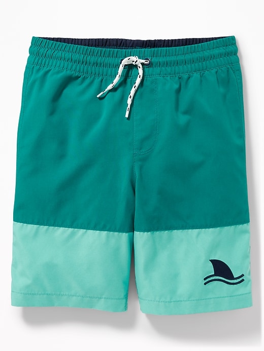 View large product image 1 of 1. Color-Blocked Embroidered-Graphic Swim Trunks For Boys