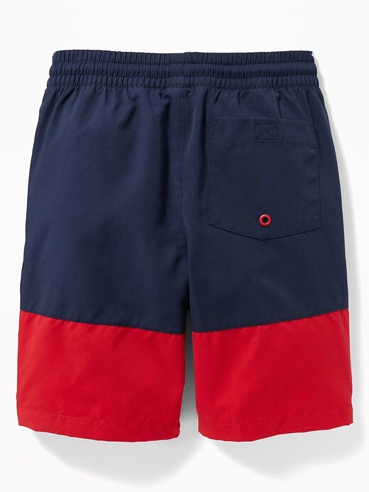 View large product image 2 of 2. Color-Blocked Embroidered-Graphic Swim Trunks For Boys